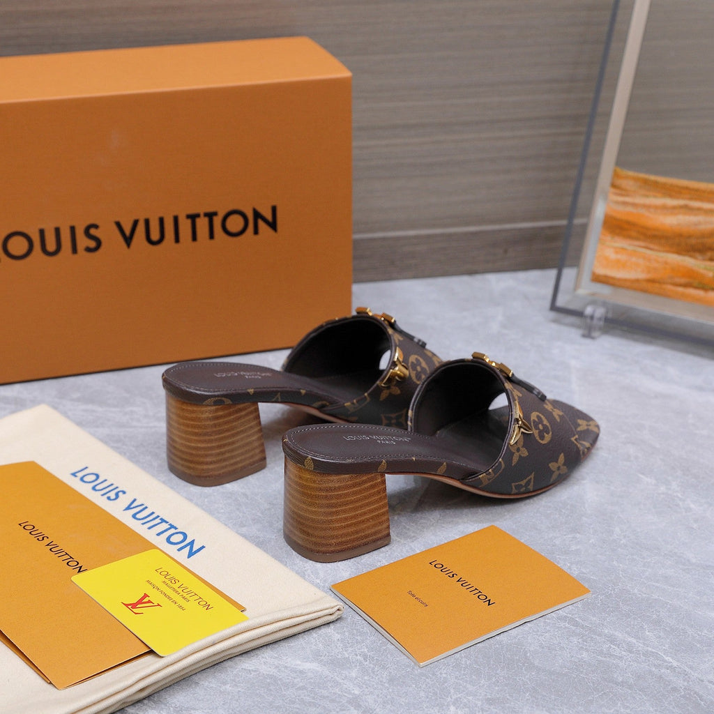 LV 26S BLOCK HEEL MULE SANDALS 55MM IN DARK BROWN MONOGRAM CALFSKIN GOLD HARDWARE