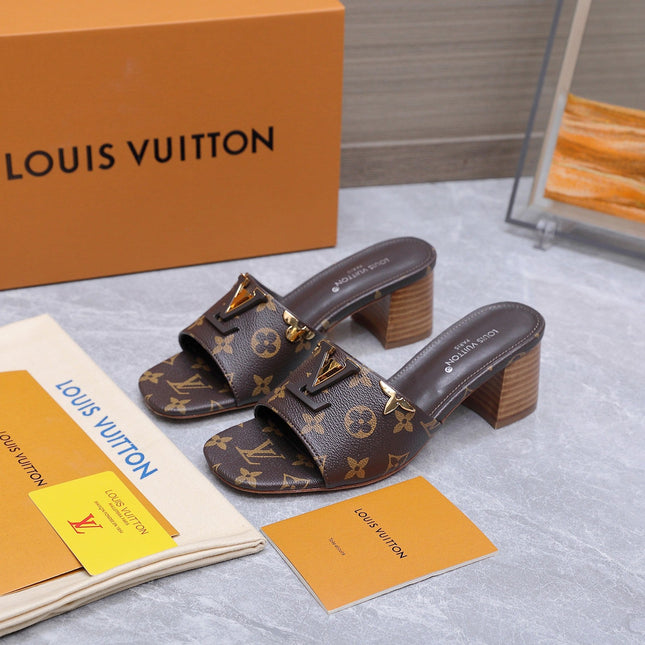 LV 26S BLOCK HEEL MULE SANDALS 55MM IN DARK BROWN MONOGRAM CALFSKIN GOLD HARDWARE