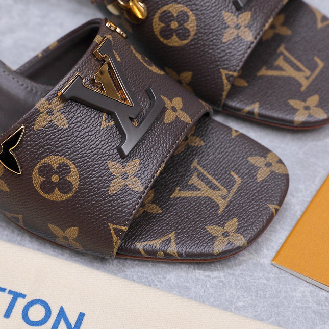 LV 26S BLOCK HEEL MULE SANDALS 55MM IN DARK BROWN MONOGRAM CALFSKIN GOLD HARDWARE