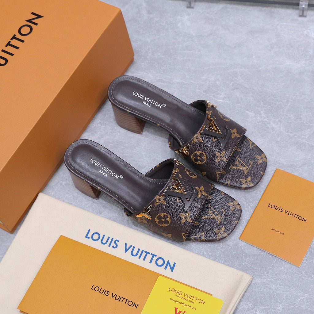 LV 26S BLOCK HEEL MULE SANDALS 55MM IN DARK BROWN MONOGRAM CALFSKIN GOLD HARDWARE