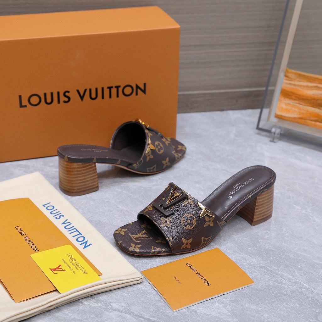 LV 26S BLOCK HEEL MULE SANDALS 55MM IN DARK BROWN MONOGRAM CALFSKIN GOLD HARDWARE