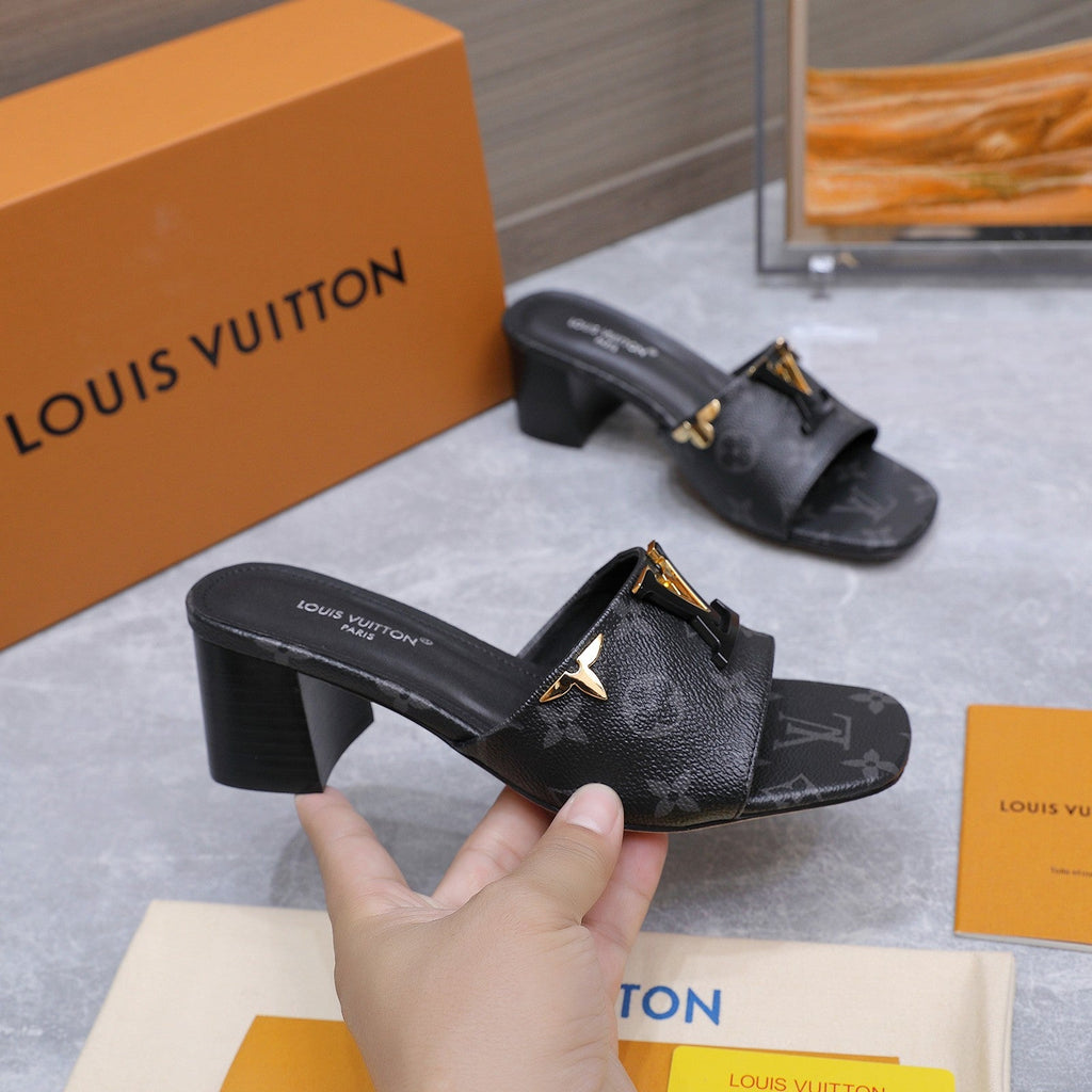 LV 26S BLOCK HEEL MULE SANDALS 55MM IN BLACK MONOGRAM CALFSKIN GOLD HARDWARE