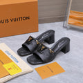 LV 26S BLOCK HEEL MULE SANDALS 55MM IN BLACK MONOGRAM CALFSKIN GOLD HARDWARE