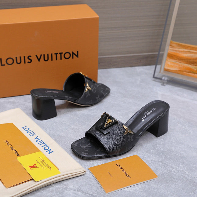 LV 26S BLOCK HEEL MULE SANDALS 55MM IN BLACK MONOGRAM CALFSKIN GOLD HARDWARE