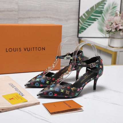 LV 26S ELEGANT T-STRAP HEELS 65MM IN BLACK MULTICOLOR MONOGRAM CALFSKIN GOLD HARDWARE