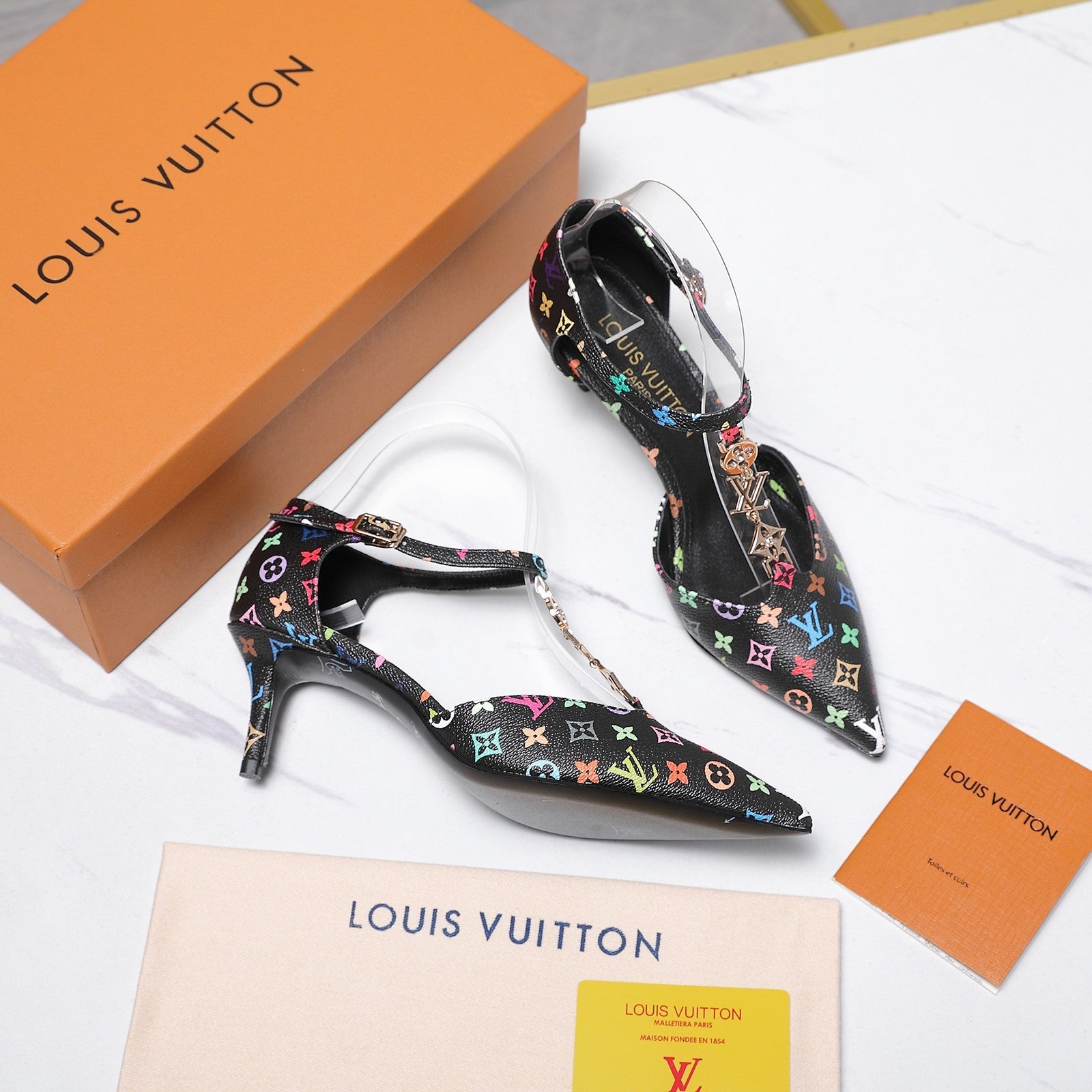 LV 26S ELEGANT T-STRAP HEELS 65MM IN BLACK MULTICOLOR MONOGRAM CALFSKIN GOLD HARDWARE