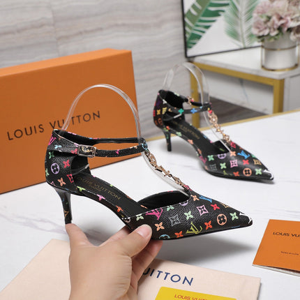 LV 26S ELEGANT T-STRAP HEELS 65MM IN BLACK MULTICOLOR MONOGRAM CALFSKIN GOLD HARDWARE