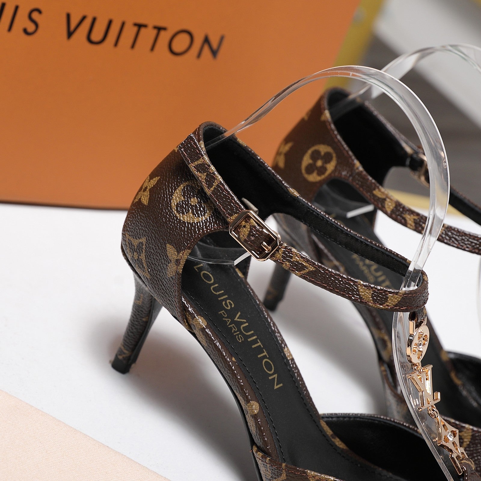 LV 26S ELEGANT T-STRAP HEELS 65MM IN DARK BROWN MONOGRAM CALFSKIN GOLD HARDWARE