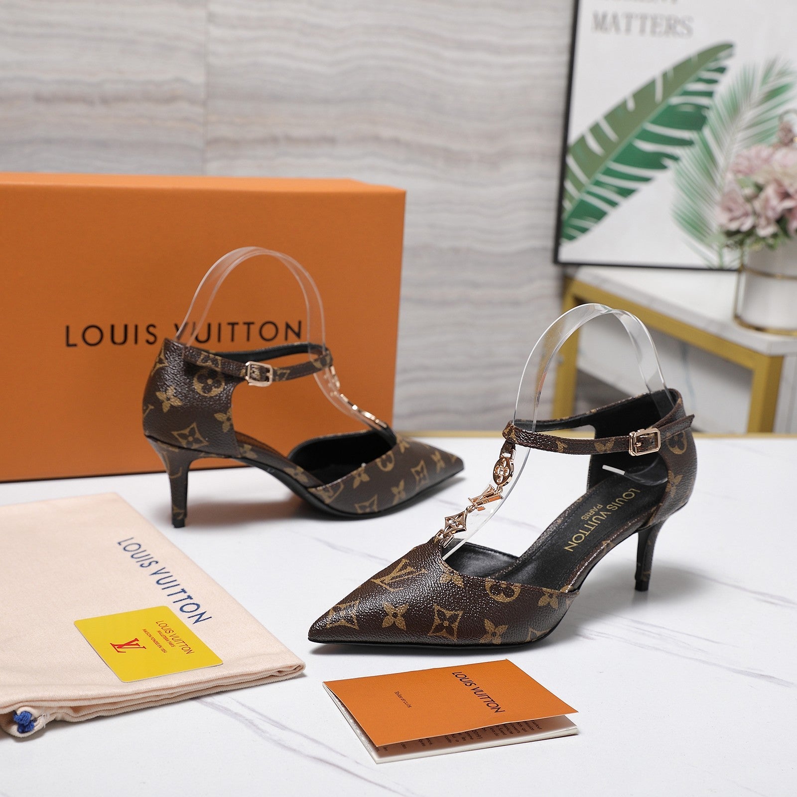 LV 26S ELEGANT T-STRAP HEELS 65MM IN DARK BROWN MONOGRAM CALFSKIN GOLD HARDWARE