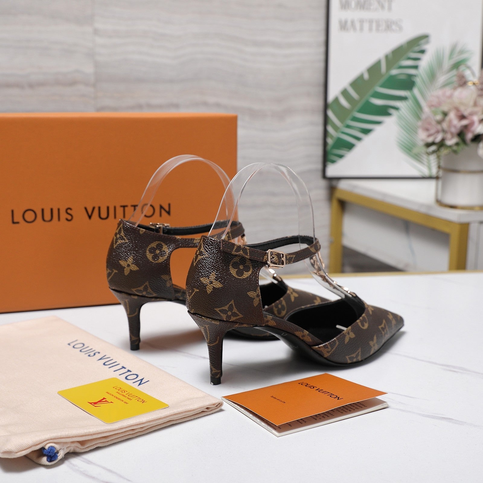 LV 26S ELEGANT T-STRAP HEELS 65MM IN DARK BROWN MONOGRAM CALFSKIN GOLD HARDWARE