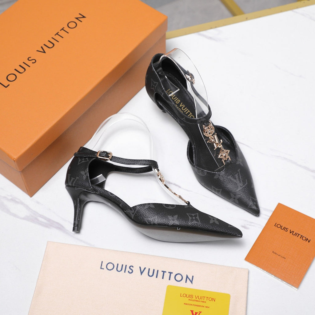 LV 26S ELEGANT T-STRAP HEELS 65MM IN BLACK MONOGRAM CALFSKIN GOLD HARDWARE