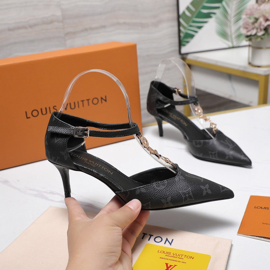 LV 26S ELEGANT T-STRAP HEELS 65MM IN BLACK MONOGRAM CALFSKIN GOLD HARDWARE
