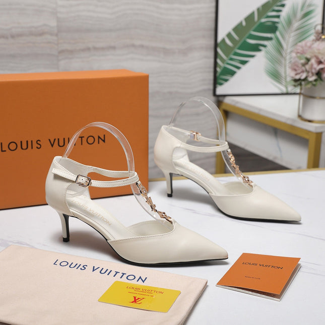 LV 26S ELEGANT T-STRAP HEELS 65MM IN CREAM WHITE CALFSKIN GOLD HARDWARE