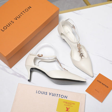 LV 26S ELEGANT T-STRAP HEELS 65MM IN CREAM WHITE CALFSKIN GOLD HARDWARE