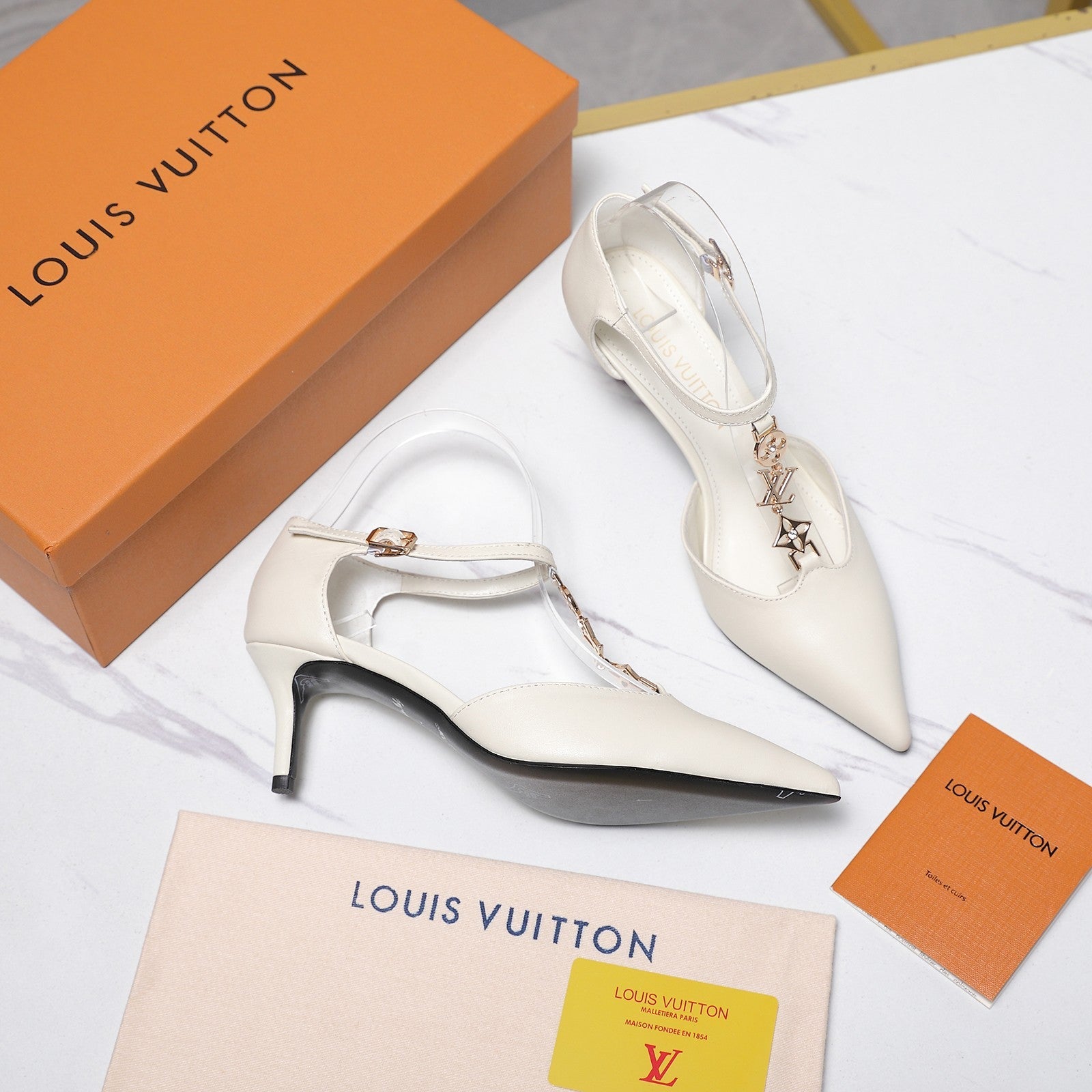 LV 26S ELEGANT T-STRAP HEELS 65MM IN CREAM WHITE CALFSKIN GOLD HARDWARE