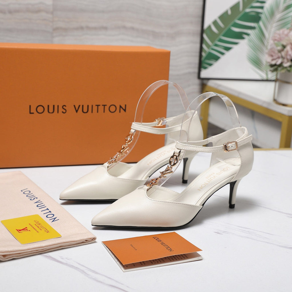 LV 26S ELEGANT T-STRAP HEELS 65MM IN CREAM WHITE CALFSKIN GOLD HARDWARE