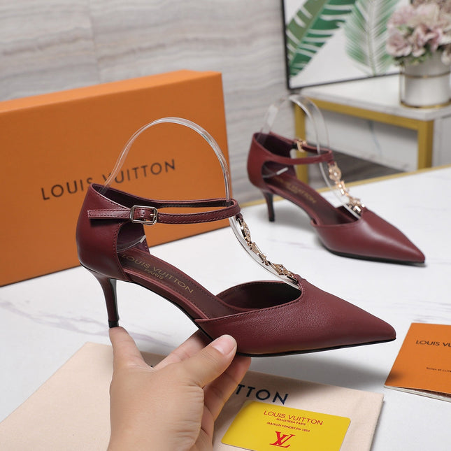 LV 26S ELEGANT T-STRAP HEELS 65MM IN BURGUNDY RED CALFSKIN GOLD HARDWARE
