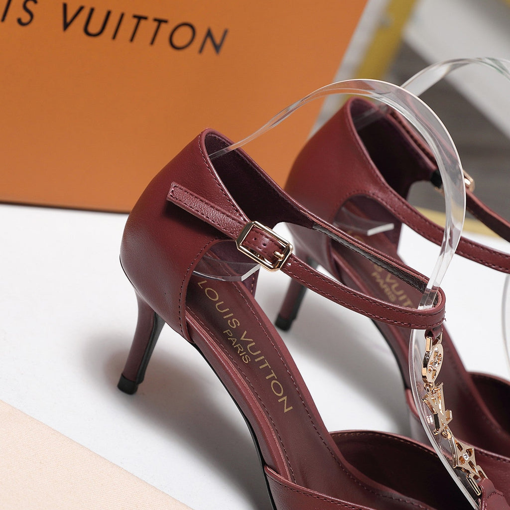 LV 26S ELEGANT T-STRAP HEELS 65MM IN BURGUNDY RED CALFSKIN GOLD HARDWARE