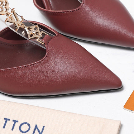 LV 26S ELEGANT T-STRAP HEELS 65MM IN BURGUNDY RED CALFSKIN GOLD HARDWARE