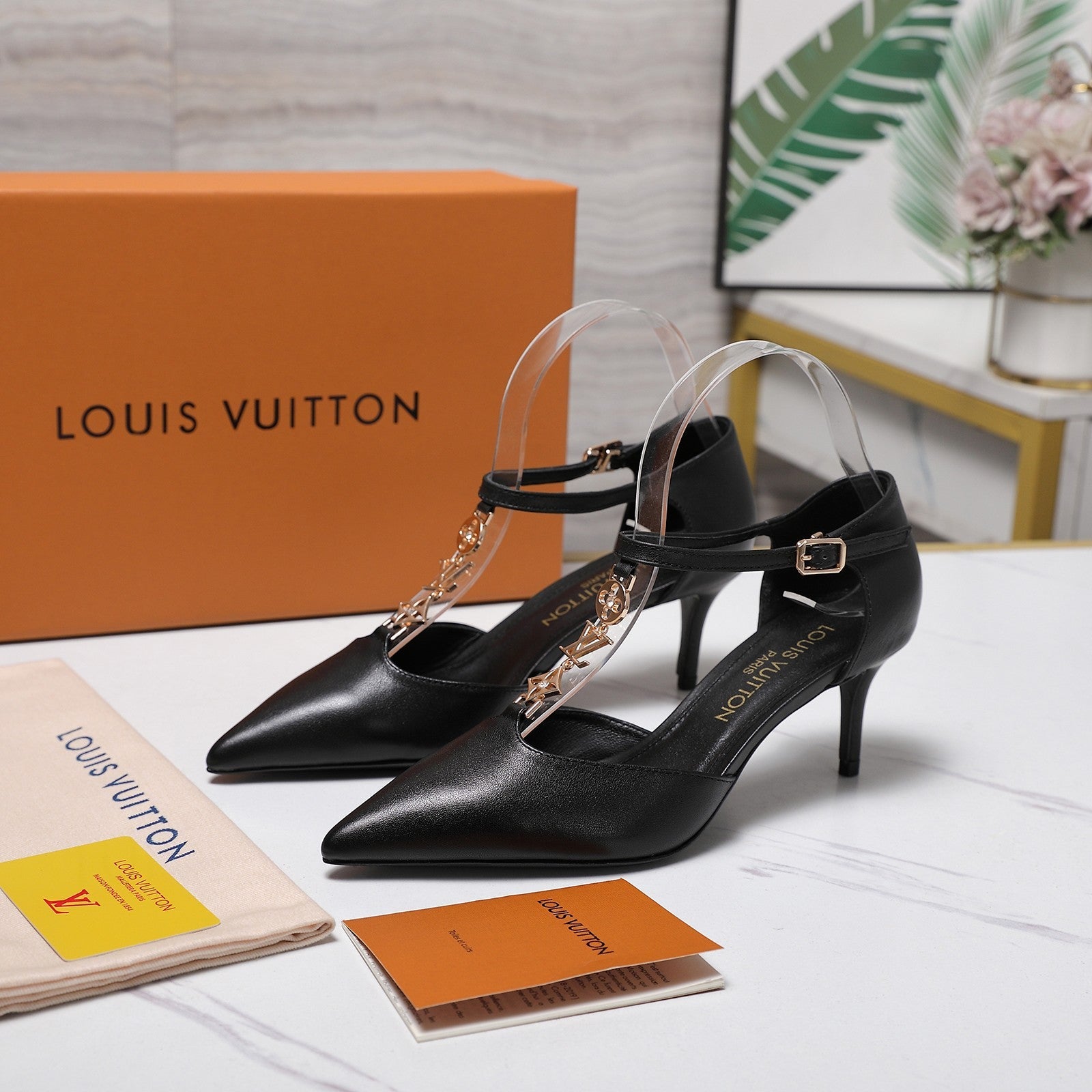 LV 26S ELEGANT T-STRAP HEELS 65MM IN BLACK CALFSKIN GOLD HARDWARE