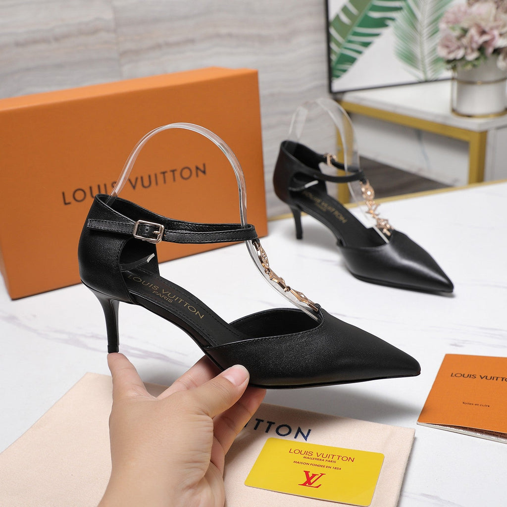 LV 26S ELEGANT T-STRAP HEELS 65MM IN BLACK CALFSKIN GOLD HARDWARE