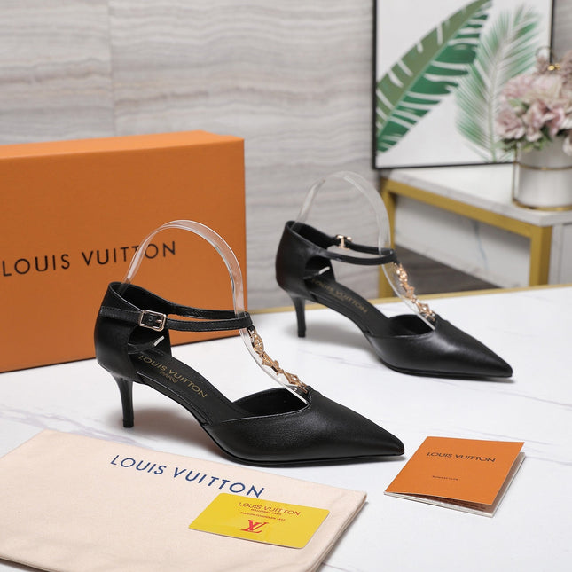 LV 26S ELEGANT T-STRAP HEELS 65MM IN BLACK CALFSKIN GOLD HARDWARE