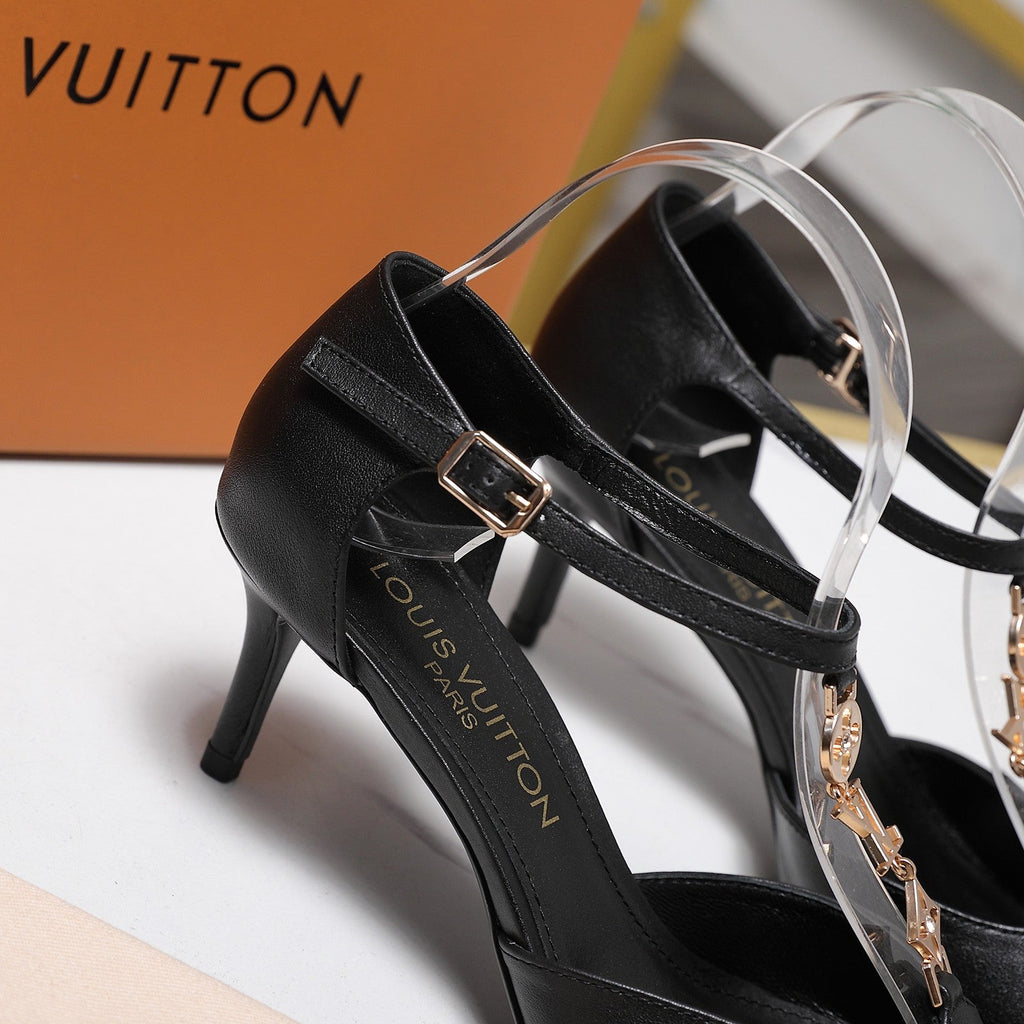 LV 26S ELEGANT T-STRAP HEELS 65MM IN BLACK CALFSKIN GOLD HARDWARE