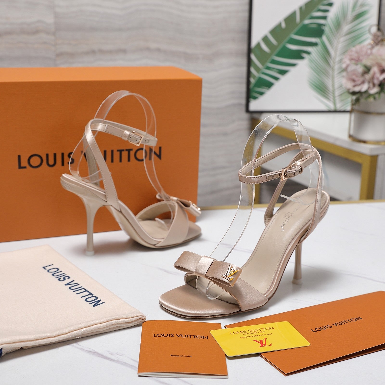 LV 26S 6AM SANDALS 90MM IN NUDE PINK SATIN WITH BOW