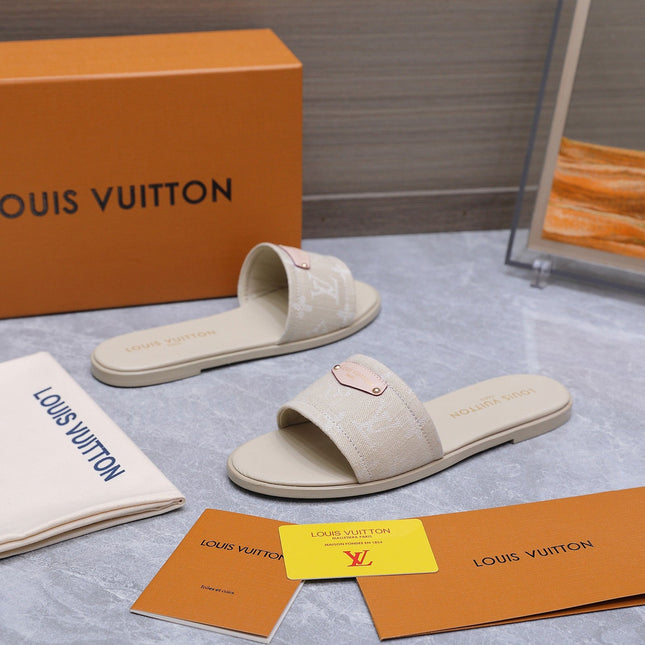 LV 26S FLAT SLIDE SANDALS IN NUDE BEIGE MONOGRAM CANVAS AND CALFSKIN