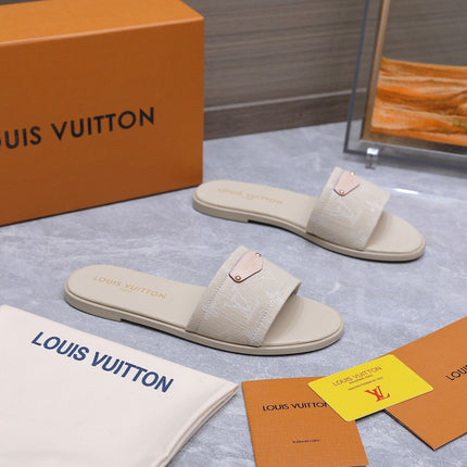 LV 26S FLAT SLIDE SANDALS IN NUDE BEIGE MONOGRAM CANVAS AND CALFSKIN