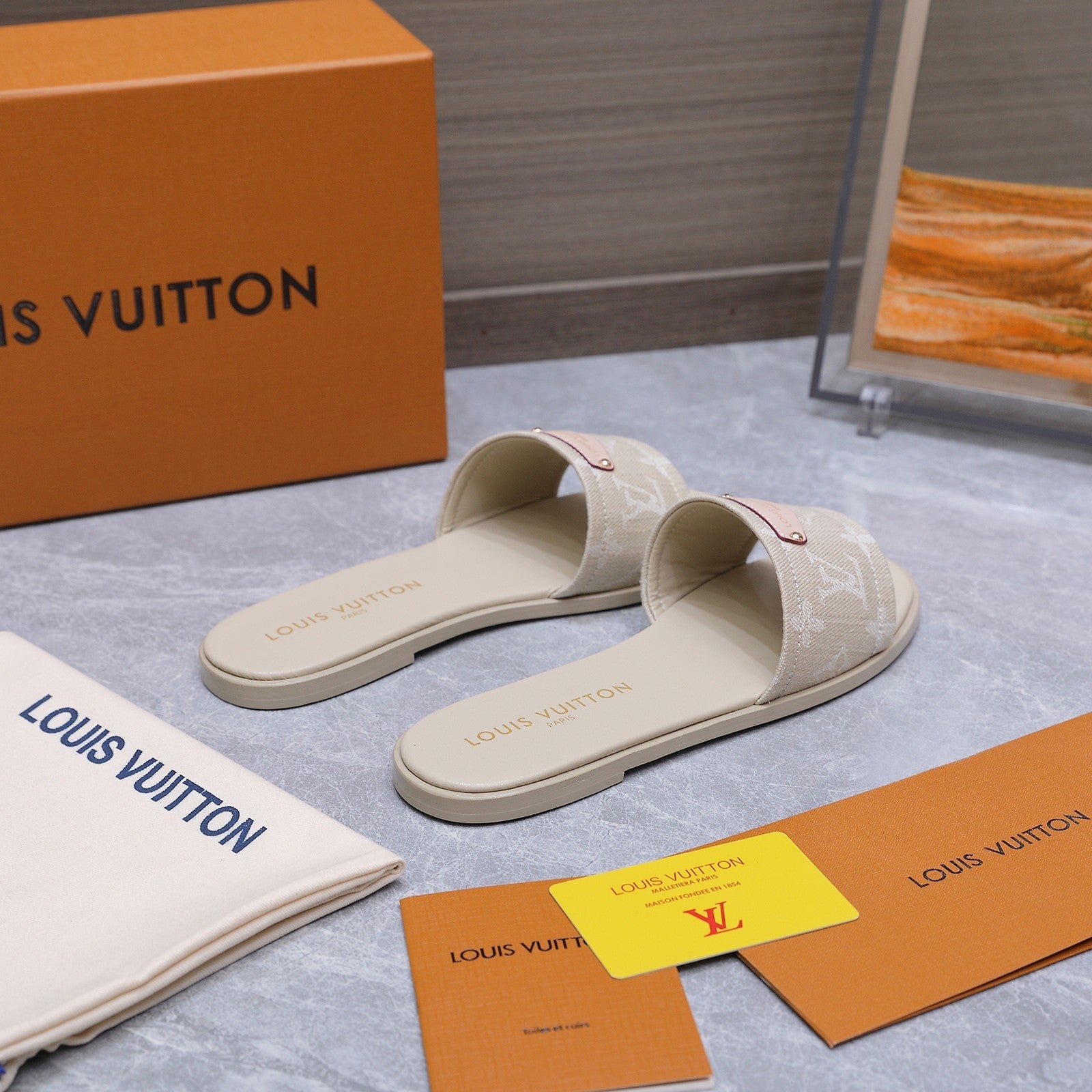 LV 26S FLAT SLIDE SANDALS IN NUDE BEIGE MONOGRAM CANVAS AND CALFSKIN