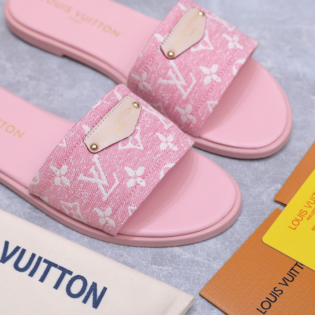 LV 26S FLAT SLIDE SANDALS IN LIGHT PINK MONOGRAM CANVAS AND CALFSKIN