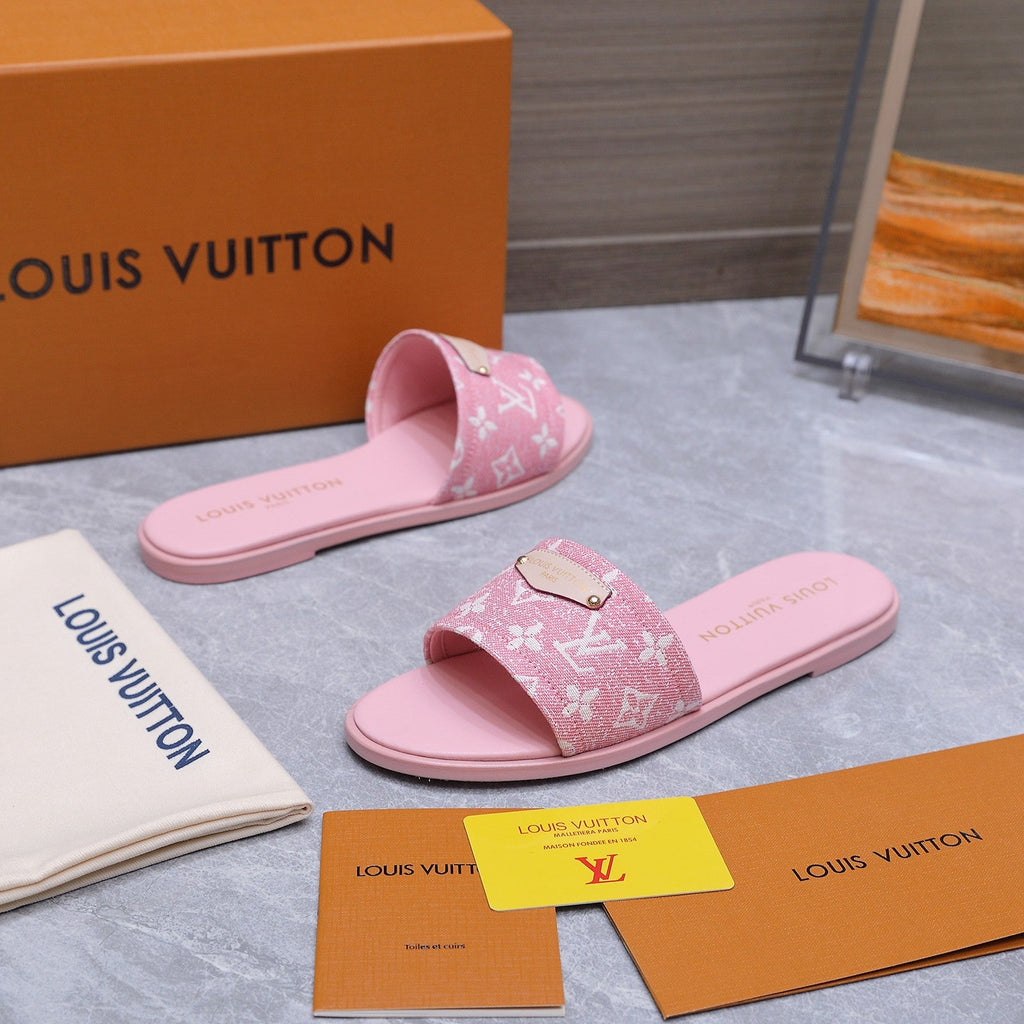 LV 26S FLAT SLIDE SANDALS IN LIGHT PINK MONOGRAM CANVAS AND CALFSKIN