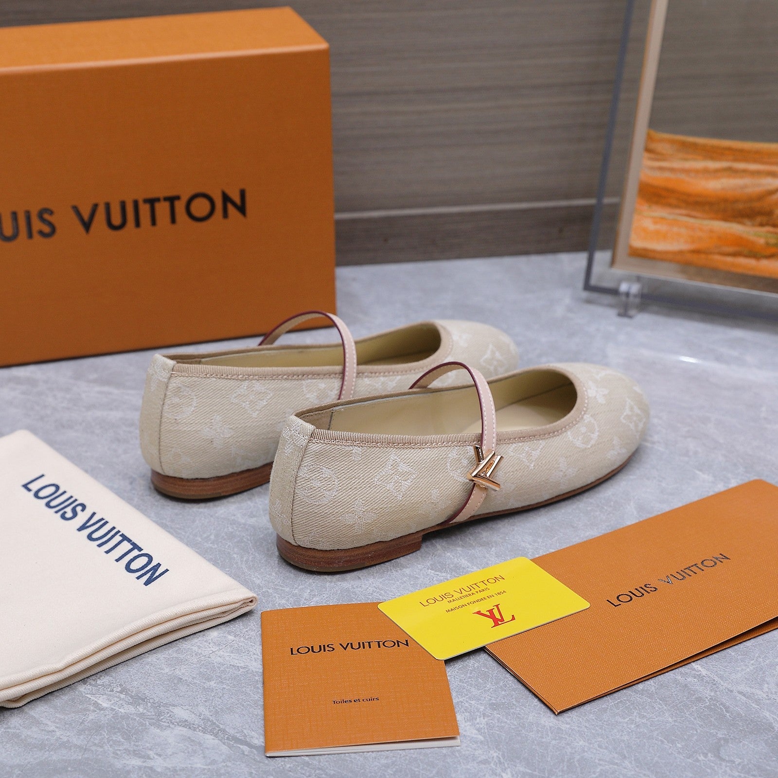 LV 26S MARY JANE FLATS IN BEIGE MONOGRAM DENIM WITH CALFSKIN STRAP