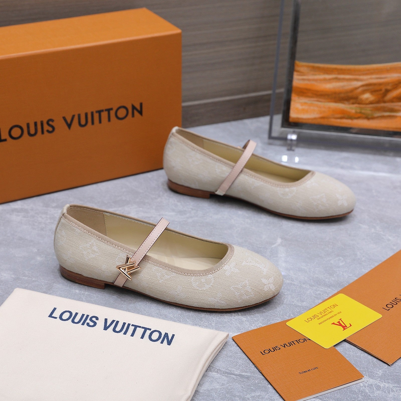 LV 26S MARY JANE FLATS IN BEIGE MONOGRAM DENIM WITH CALFSKIN STRAP