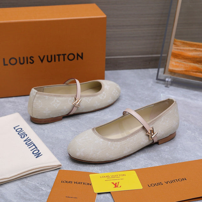LV 26S MARY JANE FLATS IN BEIGE MONOGRAM DENIM WITH CALFSKIN STRAP