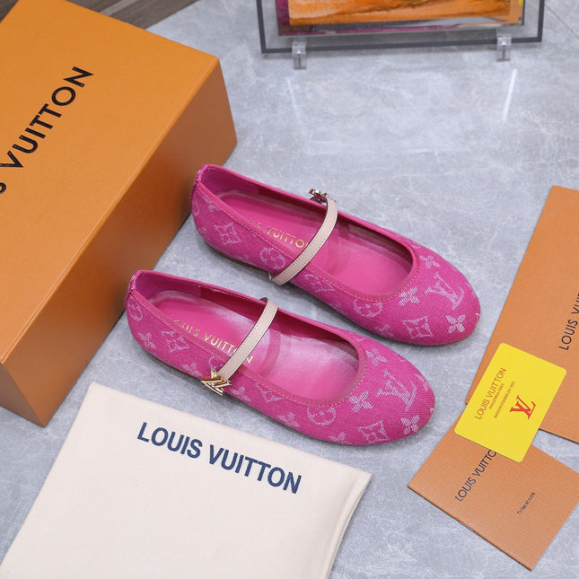 LV 26S MARY JANE FLATS IN HOT PINK MONOGRAM DENIM WITH CALFSKIN STRAP