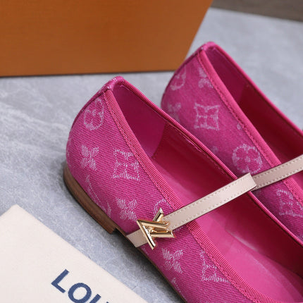 LV 26S MARY JANE FLATS IN HOT PINK MONOGRAM DENIM WITH CALFSKIN STRAP