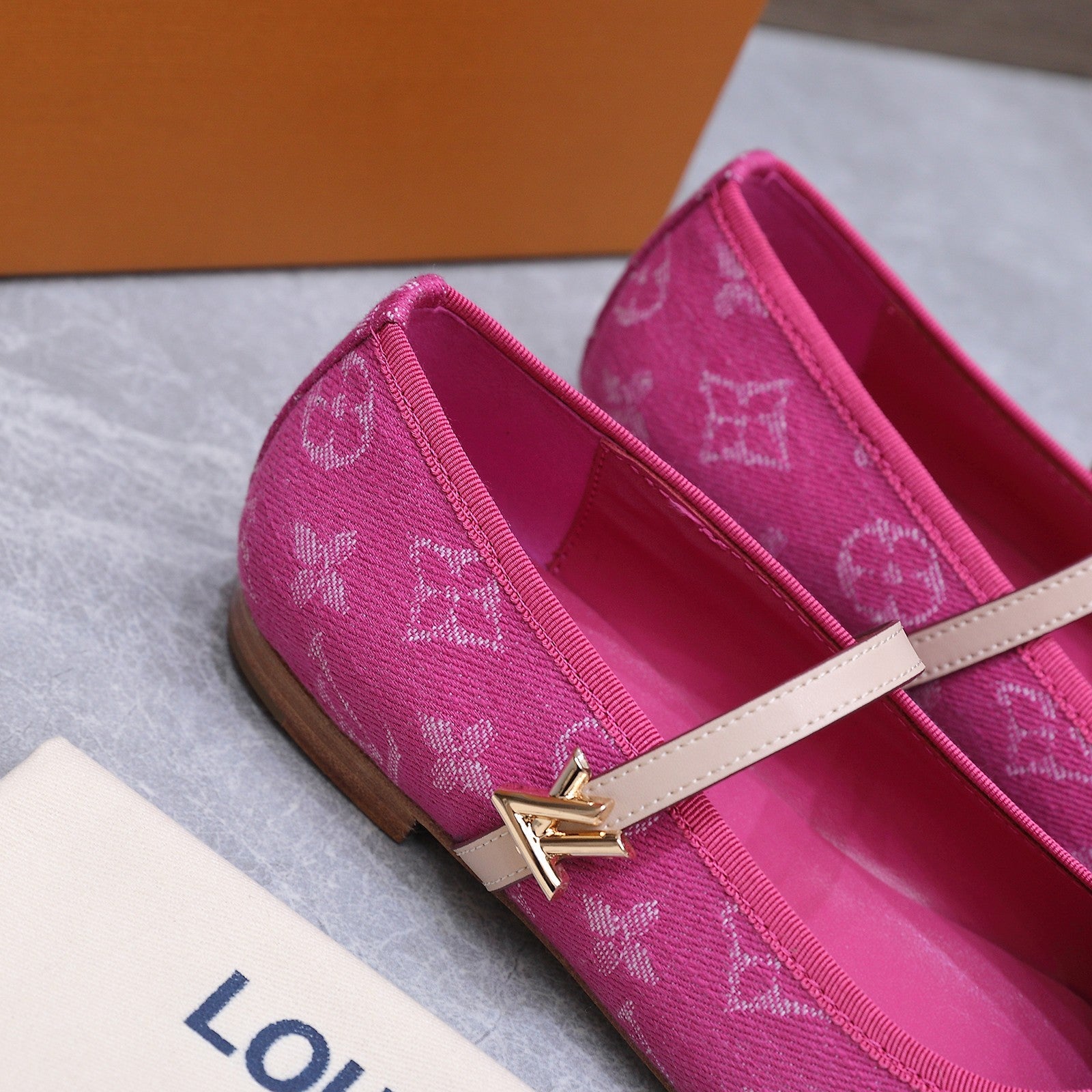 LV 26S MARY JANE FLATS IN HOT PINK MONOGRAM DENIM WITH CALFSKIN STRAP
