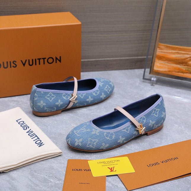 LV 26S MARY JANE FLATS IN SKY BLUE MONOGRAM DENIM WITH CALFSKIN STRAP