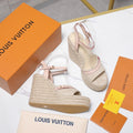 LV 26S HELIOS WEDGE SANDAL 120MM IN BEIGE DENIM