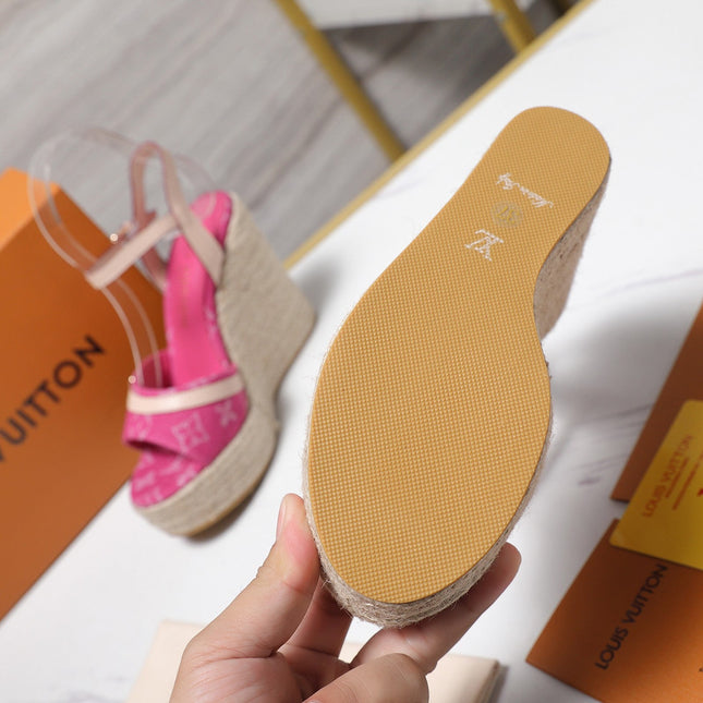 LV 26S HELIOS WEDGE SANDAL 120MM IN FUCHSIA PINK DENIM