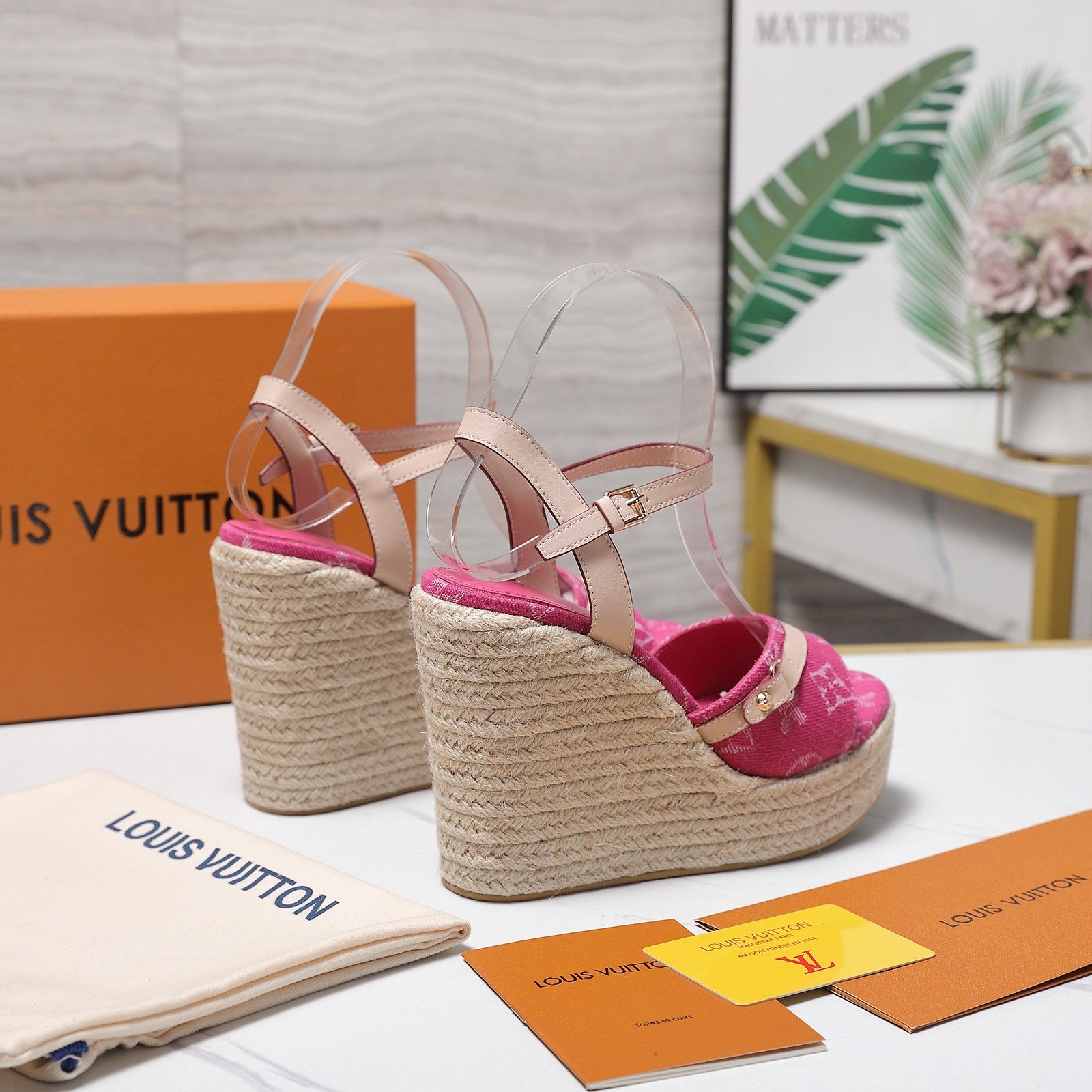 LV 26S HELIOS WEDGE SANDAL 120MM IN FUCHSIA PINK DENIM