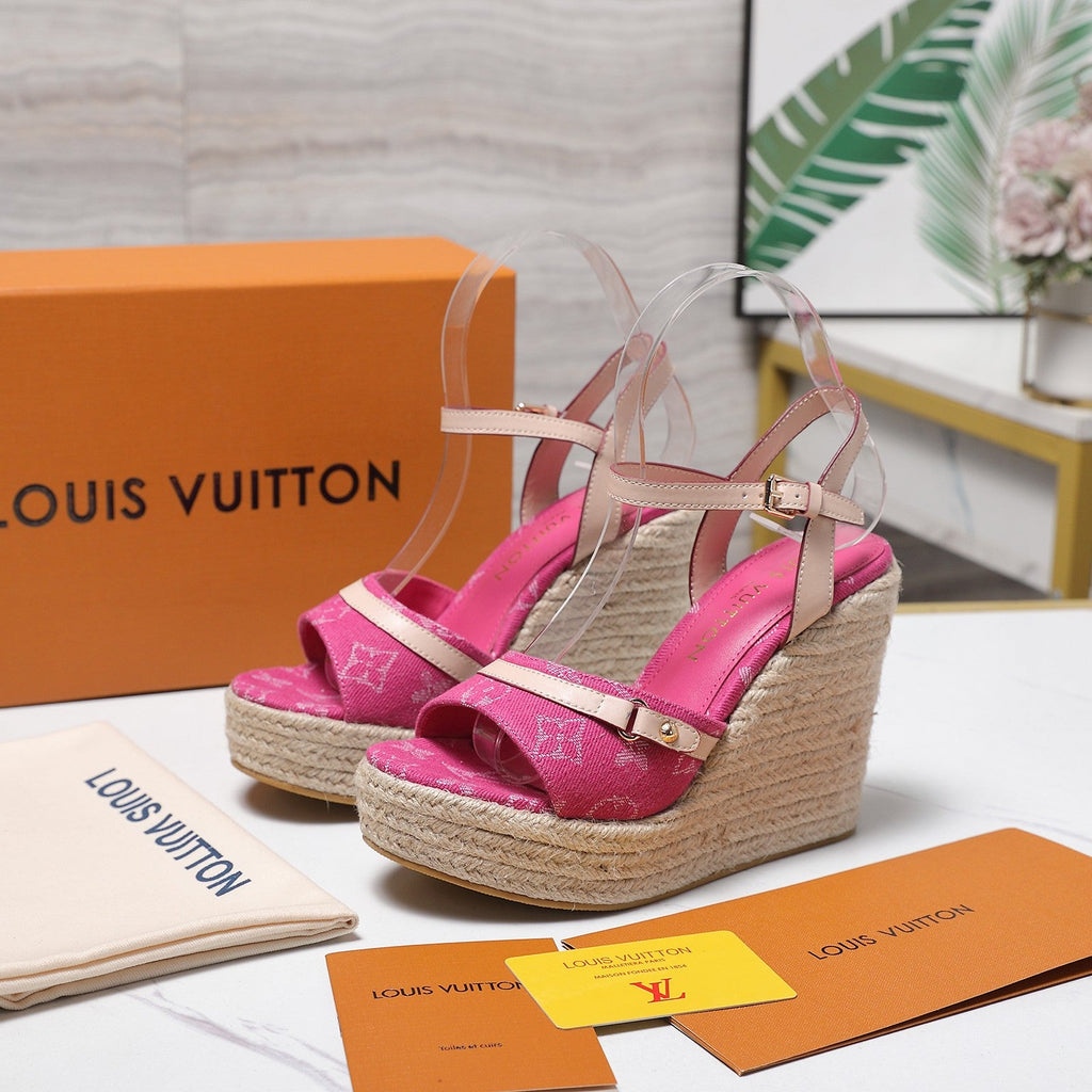 LV 26S HELIOS WEDGE SANDAL 120MM IN FUCHSIA PINK DENIM