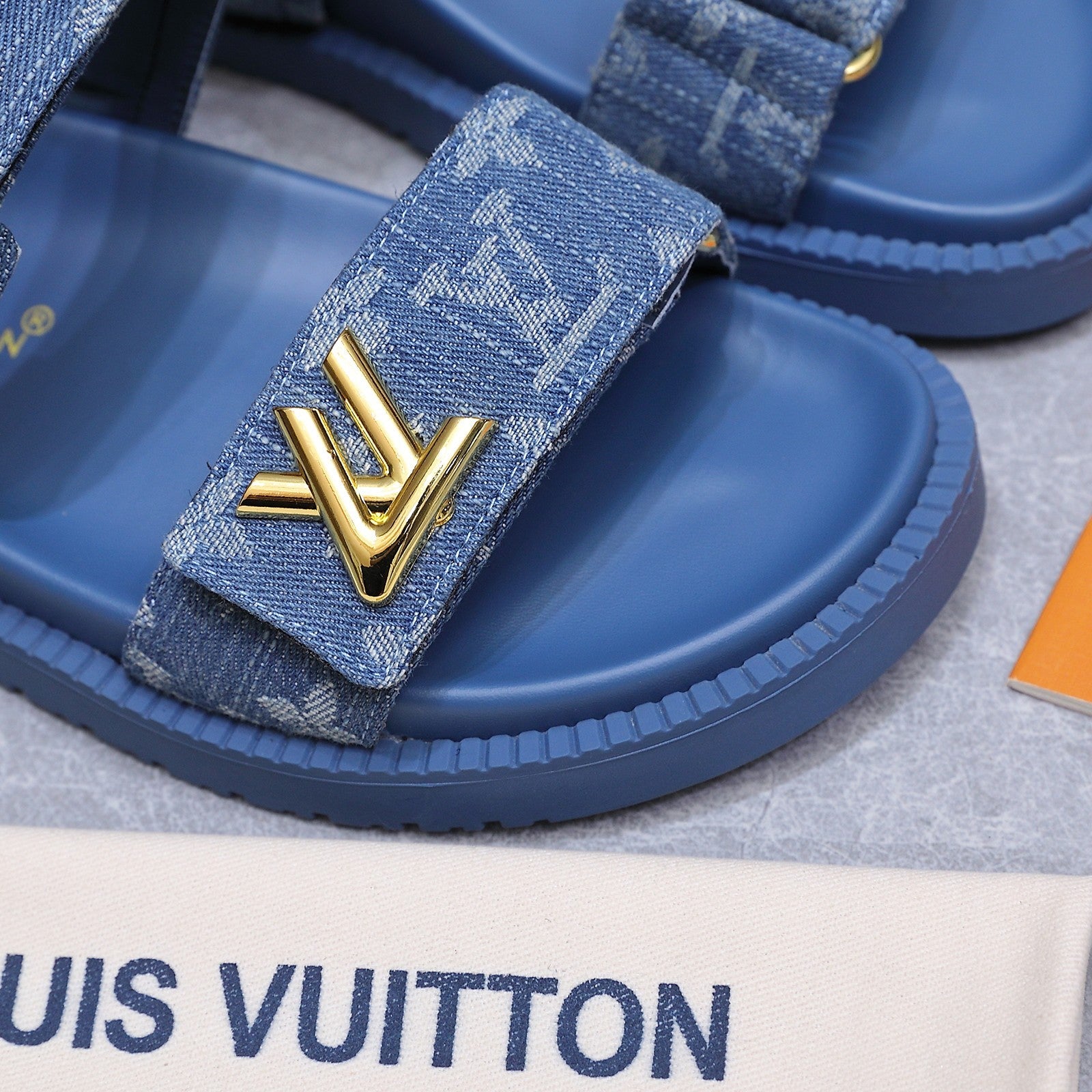 LV 26S SANDALS IN BLUE MONOGRAM COATED DENIM GOLD HARDWARE