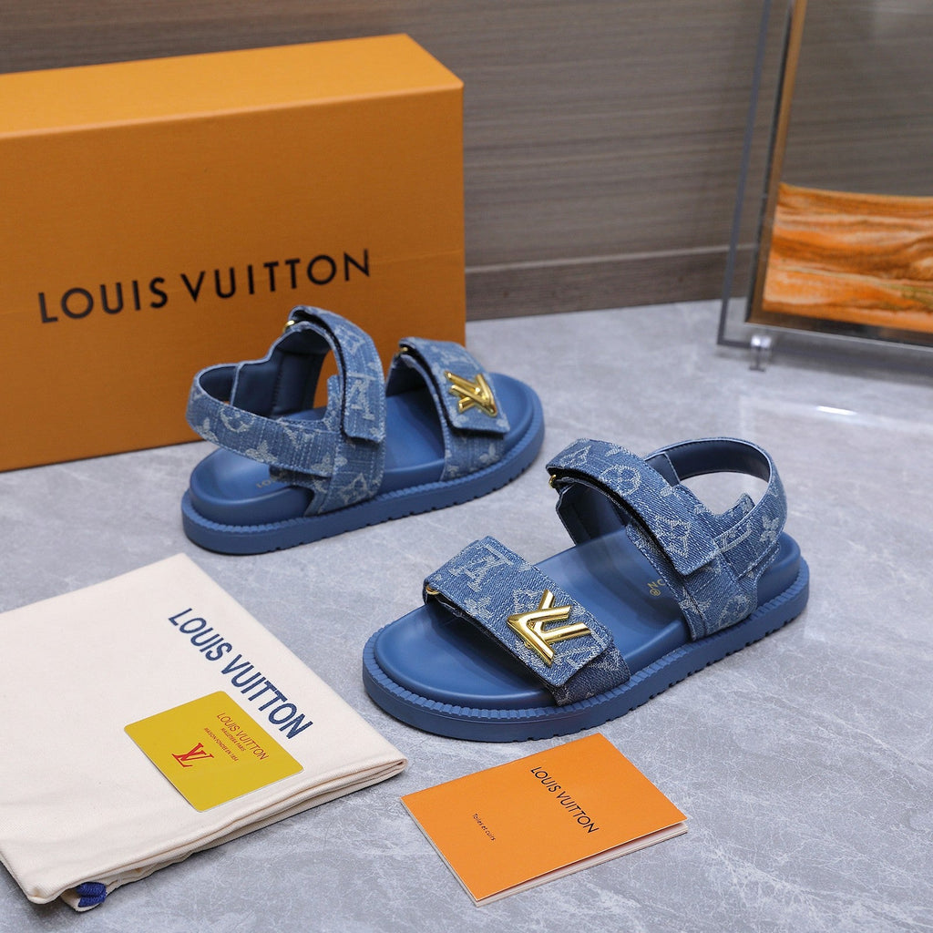 LV 26S SANDALS IN BLUE MONOGRAM COATED DENIM GOLD HARDWARE