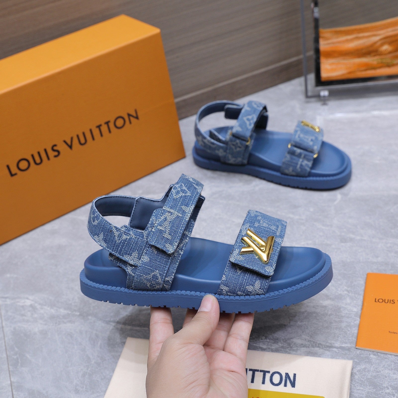 LV 26S SANDALS IN BLUE MONOGRAM COATED DENIM GOLD HARDWARE