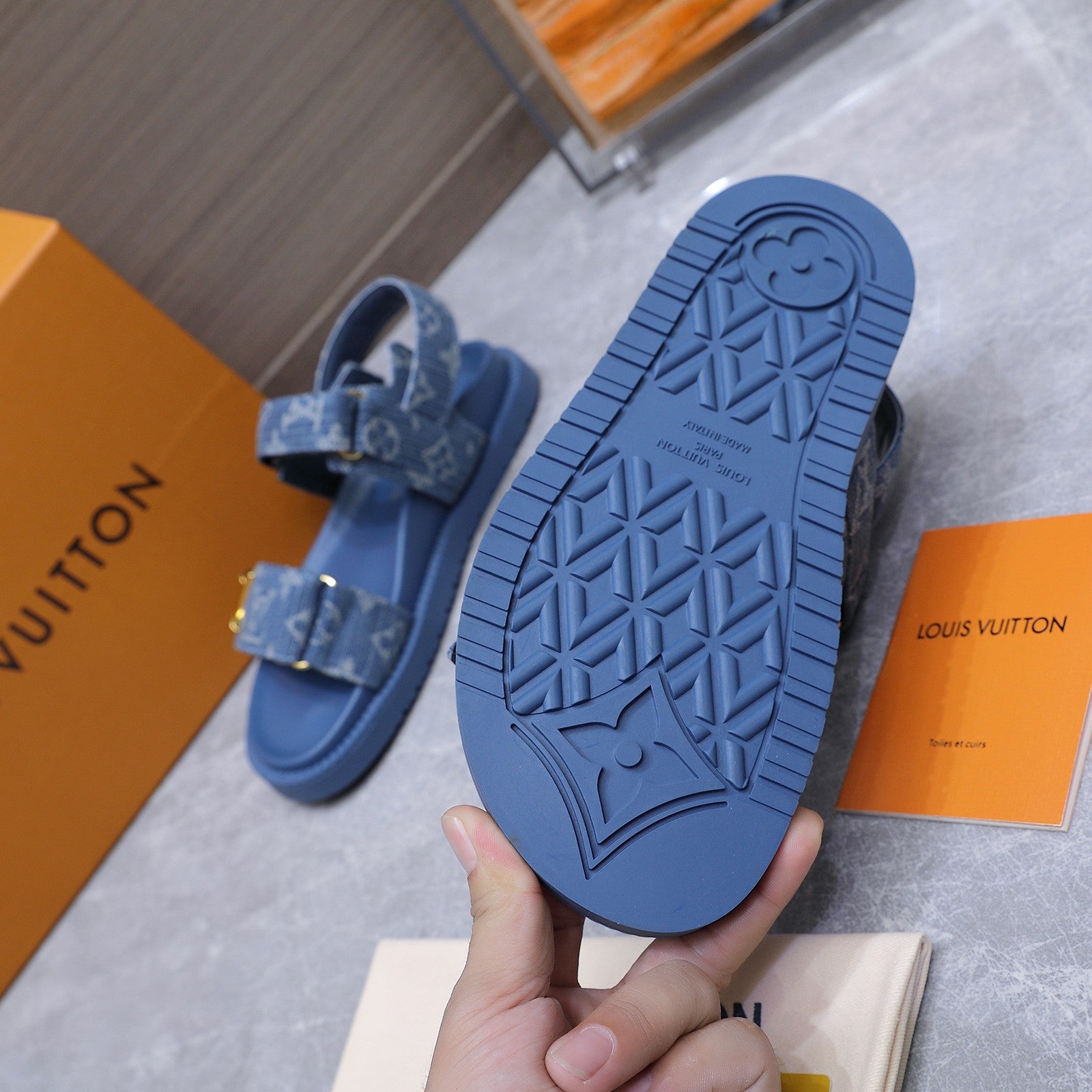 LV 26S SANDALS IN BLUE MONOGRAM COATED DENIM GOLD HARDWARE