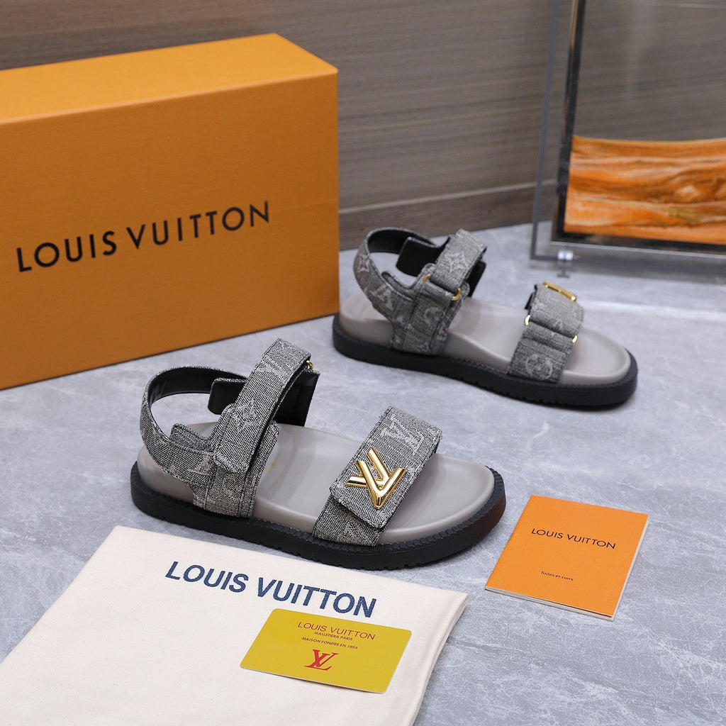 LV 26S SANDALS IN GREY MONOGRAM COATED DENIM GOLD HARDWARE