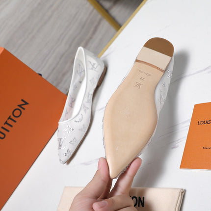 LV 26S GALA FLAT BALLERINA IN WHITE MESH WITH WITH RHINESTONES